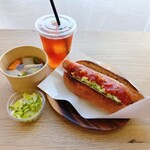 あさcaféPei - おかげチリドッグ、本日のスープ(和風)、アイスティー