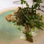 エクアトゥール - 27年4月　直火焼きアイナメ、花山椒　長芋、じゃが芋、筍、紋甲烏賊、クレソン、赤水菜、エシャロットコンフィ