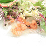 前菜：平目のカルパッチョ仕立て トマトと黒オリーブのソース ニンニク風味 (1836円) '15 3月上旬