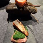 フロリレージュ - 記憶 宮崎産の鱒 豚の白レバーのムースとクレソンのピューレを合わせて。