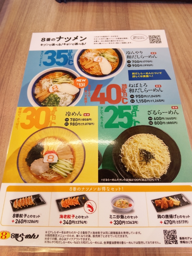 八 番 ラーメン メニュー