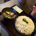 手打うどんときわ - 料理写真:揚げナス付け（つけ）¥1000、大盛り¥150
