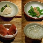 とり喜 - つけもの、きぬさや、トマト、スープ