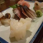 天史朗鮨 - 刺し身盛り合わせ(スルメイカ、タコ、〆鯖、金目鯛、平目)