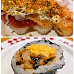 スシロー - 料理写真:ガーリックオニオンマヨ3貫盛り・うな玉巻