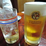 谷中 鳥よし - エビス生と梅酒ソーダ割り