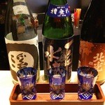 ワ カフェ エイム - 15.03.27 利き酒セット(1080円) 王祿 溪 55％精米 純米吟醸・一白水成 純米吟醸 槽垂れ 生酒・北光正宗 純米吟醸 秋しぼり しぼりたて生原酒