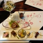 幸咲 - ★前菜(筍とつわぶきの梅酢味噌和え・海老真丈信田巻・焼き蛍烏賊甘辛煮・よもぎふ鶏味噌田楽・桜飴葛水晶)・造里