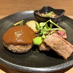 鉄板焼 九九 - ランチセット　黒毛和牛ランプステーキ(100g)、ミニ和牛ハンバーグ(100g)