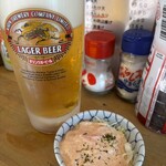 立呑み 晩杯屋 - 料理写真:ビールとレシート小鉢