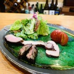 소바 클라부 사사키 - ① 4年熟成生ハムのサラダ、燻製4種（鴨胸、鶏胸+腿+レバー）