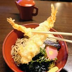 蕎麦酒家 九十九 - 冷やしぶっかけ天ぷら蕎麦① ※大きな海老天が2本