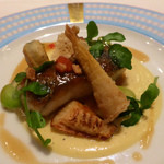 モナリザ - ２０１５年４月　宮崎県魚オオニベのポワレ　軽い燻製の香り　竹の子のカルボナーラ仕立て