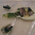 シェ松尾・松濤レストラン - 黒ムツの蒸気蒸し、じゃが芋のエスプーマ九条葱添え、水前寺海苔のソース