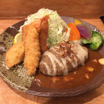 松阪牛ハンバーグ専門店ガーベラ - ハンバーグ&ミックスフライ定食(ガーリックデミソース)