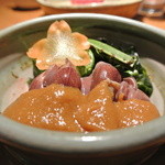 酒とそば まるき - ホタルイカとコゴミの酢味噌がけ