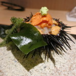 神保町 傳 - 27年5月　紫雲丹・赤雲丹。白海老、若芽、海葡萄