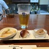 こたま - 生ビールとお通し3点（豆腐、手毬寿司、蓮根金平）
