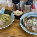 うまいラーメンショップ - 味噌チャーシューメンのネギ丼セット1400円+中盛100円＝1500円と塩セロリラーメン1100円