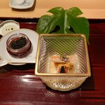 銀座 しのはら - しのはらキャビア(追加）、梶の葉、車海老、福岡脇ノ浦の赤ウニ、胡瓜、人参ワサビ酢あえ