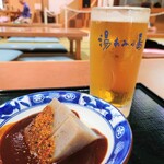 湯あみの島 和風カフェテリア - 味噌こんにゃく250円、ピルスナー(中)800円