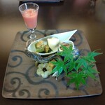 魚菜おお田 - 西瓜と梅干のすり流し・万願寺唐辛子・穴子胡桃豆腐かけ・つぶ貝の香草漬・天竜川産鮎の塩焼・冬瓜田楽・焼芋羊羹　とても美味しい