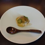 魚菜おお田 - 雲丹・焼き玉蜀黍・新芋・酢橘のジュレ　初めて食べる料理　丁寧で細やかな仕事　とても美味しい