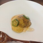 魚菜おお田 - 雲丹・焼き玉蜀黍・新芋・酢橘のジュレ　初めて食べる料理　丁寧で細やかな仕事　とても美味しい