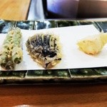 Tempura Takiguchi - ランチ天ぷら定食1300円、アスパラ、なす、イカ