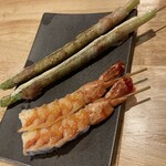 鉄板串料理 まさき - 凄い美味いえび、凄い美味いアスパラ肉巻