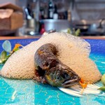 Chez Tetsu - 前菜：鮎のコンフィ 醤油風味のエスプーマ