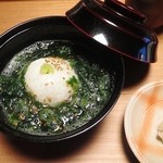 しのはら - 食事　お握りのアオサ海苔出汁漬け　香の物　