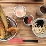 博多天麩羅 あげてんや - 特製あげてんや上天丼ミニ麺セット（冷やしうどん）トッピング温たま