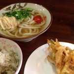 讃岐うどん河野 - かけ、野菜天、いりこご飯、激辛唐辛子、580円。
      絶品！
      