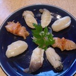 亀喜寿司 - 貝にぎり　あわび、赤貝、ほたて、ホッキともうひと種類？の貝づくし