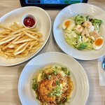 オリーブの丘 - 料理写真:「冷製カッペリーニ〜赤海老のレモンガーリック〜」+「海老と玉子のアイオリサラダ」+「フレンチフライ(ケチャップ)」