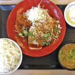 かつや - 料理写真:温たま付 ローストポークとロースカツの合い盛り定食（ご飯大盛）