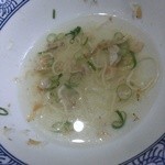 麺や而今 - 冷やしつけとろ海老そば 雉のたたきのせ-スープ割(2015/5)