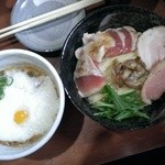 麺や而今 - 冷やしつけとろ海老そば 雉のたたきのせ(2015/5)