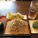 千扇 - 天ざるそば＋味噌焼きおにぎり700円