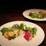 蕎麦懐石 無庵 - 平目のサラダ、紅芯大根、金柑