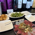 月島蕎麦 - カルパッチョのニンニクチップが良かった。