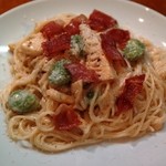 パスタナーノ - 今週のパスタから…　空豆と筍のクリームソーススパゲッティ、生ハムのせ