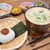 ほっ心り - 料理写真:選べるお味噌汁お結びセット(税込1,793円)
          ①梅干載せお結び②豆乳豚汁③薄切り新玉葱のサラダ、花鰹載せ④茹で玉蜀黍⑤白菜と油揚げの煮物⑥ブロッコリー&昆布佃煮⑦塩掛け自家製豆腐