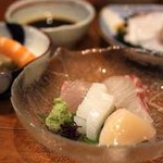 季節料理金魚 - お刺身、ごま豆腐、蛸の酢味噌和え