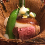 中善 - 2015年5月。酢の物は玉ねぎ新じゃがスナップえんどうに合鴨。