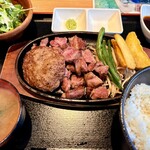 あおぞら牧場 牛よし - 料理写真:常陸牛セット(カットステーキ150g＋ハンバーグ150g)@2,690円  いやぁ満足！ステーキもハンバーグも肉の香りが良い！ワサビ＆塩もいいけどあたしゃステーキソースが好きだなぁ！