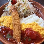びっくりドンキー - 料理写真:角切りトマトとびっくりエビフライのオムバーグディッシュ