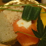 御料理 堀川 - 強肴・・・子持ち昆布・鯛の子・クリームチーズサーモン巻・玉子