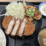 松屋 - 料理写真:超厚切りリブロースかつ&油淋鶏定食、クーポンでミニポテサラ